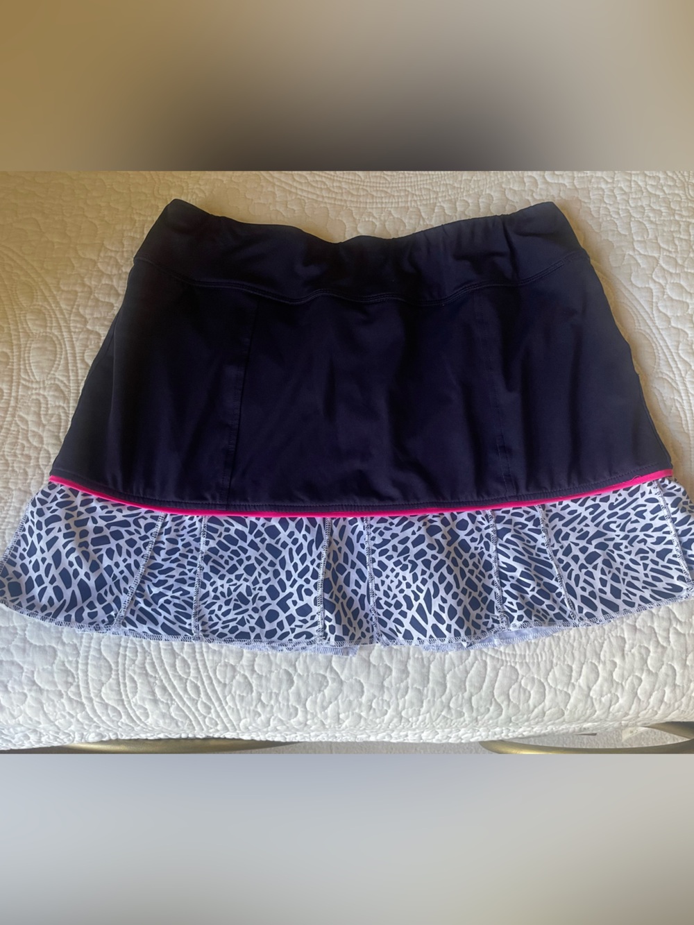 Jofit Navy Athletic Mini Skirt with White Patterned Ruffle and Pink Trim